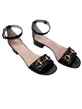 GUCCI Classic Black Patent Leather Horsebit Block Heel Ankle Strap Sandals \\ 39